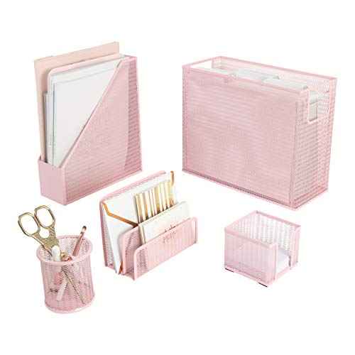 BLU MONACO 5 Piece Office Supplies Pink Desk Organizer Set - with Desktop Hanging File Organizer, Magazine Holder, Pen Cup, Sticky Note Holder, Letter sorter - Pink Desk Accessories for Women Office