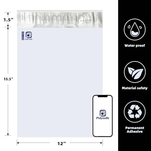 POLYSELLS White Poly Mailers 12x15.5 Inches, 50 Pack Waterproof Self-Seal Shipping Envelopes for Clothing & Accessories (Silver/White)