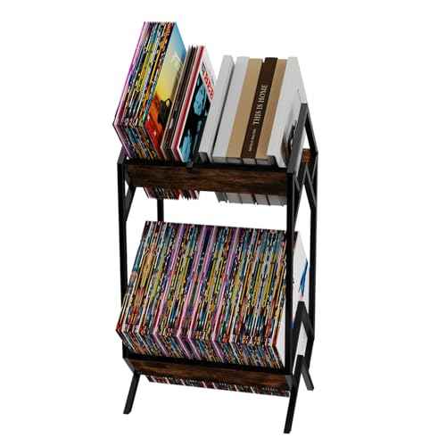 2 Tier Vinyl Record Storage-Holds 80-100 LP Albums,Quick Assembly Vinyl Record Holder with Adjustable Dividers, Home & Studio Record Organizer for Magazine, Book, Files