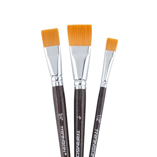 Transon 3-Piece Flat Paint Brush Set for Acrylic Watercolor Gouache & Oil - Short Handle, Synthetic Bristles