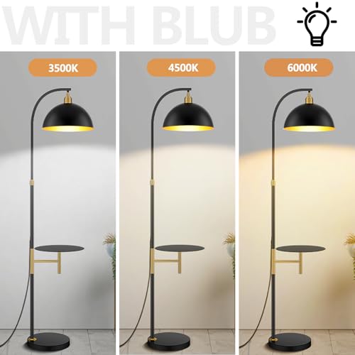Floor Reading Lamp with Table Industrial Floor Standing Lamps with Tray Shelves Attached Adjustable Height Corner Rustic Black Floor Lamps with End Table for Bedroom Living Room Office