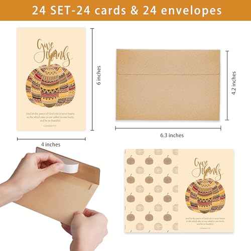 24 Pack Religious Thanksgiving Cards with Self-adhesive Envelopes, 4"x6" Boxed Blessing Religious Note Cards with Sentiments Inside, 24 Designs, NO Repeat