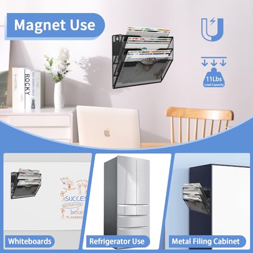 LQPAFZ 3-Tier Black Magnetic File Holder - No Drilling Wall Organizer for Documents & Magazines