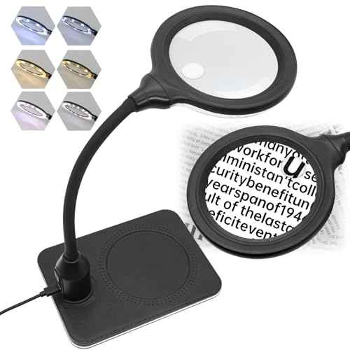 3600mAh Rechargeable Magnifying Glass with Light & Stand, 15X 30X LED Magnifier, 4.9 Inch, 6 Color Modes, Flexible Gooseneck Desk Lamp for Jewelry, Reading, Hobbies & Close Work