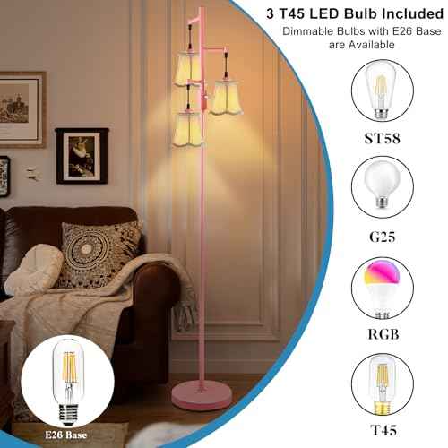 Lightdot 66IN Dimmable Floor Lamp for Living Room, Industrial 3-Light Tree Floor Lamps with LED E26 Bulbs Included, Mid Century Floor Lamp with Fabric Flower Lampshades for Bedroom HOM Office-Pink