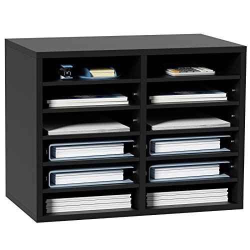 VEVOR Literature Organizers, 12 Compartments Office Mailbox with Adjustable Shelves£¬Wood Literature sorter 20.4x12x16.1 inches for Office, Home, Classroom, Mailrooms Organization, EPA Certified Black
