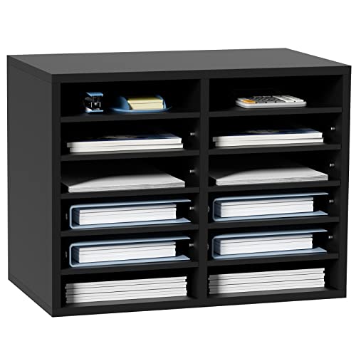 VEVOR Black 12-Compartment Wooden Literature Organizer with Adjustable Shelves