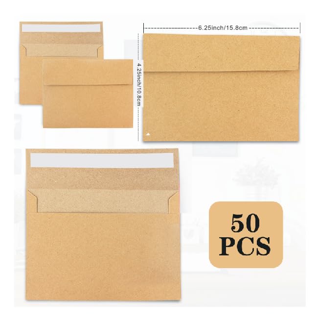 A4 Kraft Envelopes 4x6 Inch Self Seal 50 Pack for Invitations & Mailing - JOOLOKT