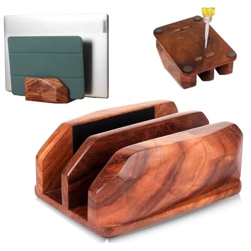 Width Adjustable Vertical Laptop Stand for Desk, Laptop Holder to Dock MacBook, MacBook Pro and Other Laptops, Versatile Vertical Laptop Docking Solutions - Indian Rosewood