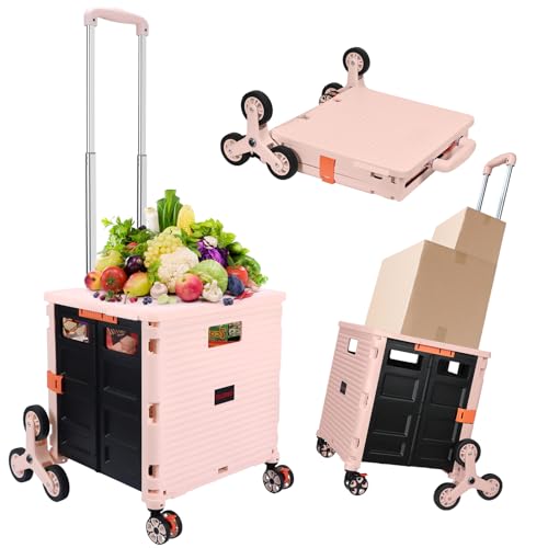 SELORSS Foldable Utility Cart Collapsible Crate Rolling Carts with Stair Climbing Wheels Rolling Tote Basket Teacher Cart with Lid Wear-Resistant 360¡ÆRotate Wheel Noiseless for Shopping Grocery Office