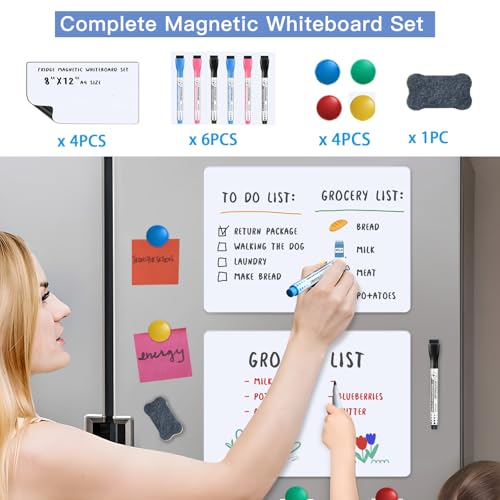 Magnetic Fridge Whiteboard Set: Dry Erase White Board (12X8), Magnets (Bonus), Markers & Erasers