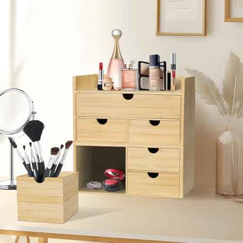 Bamboo Desk Organizer, Desktop Organizer with 3 Drawer, Tabletop Storage Organization Box for Bills, Countertop, Home Office Supplies