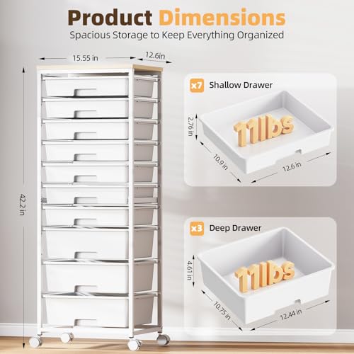 SYKIARIOL White Rolling 10-Drawer Cart with Wheels & Wooden Top - 42.2"H