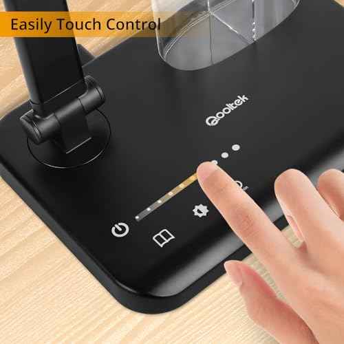 Qooltek Touch Control LED Desk Lamp, Table Lamp with 5 Color Modes Dimmable Brightness for Home Office, Dual Swing Arm USB Charging Port Desk Light, Eye-Caring Reading Light with Pen Holder, Black