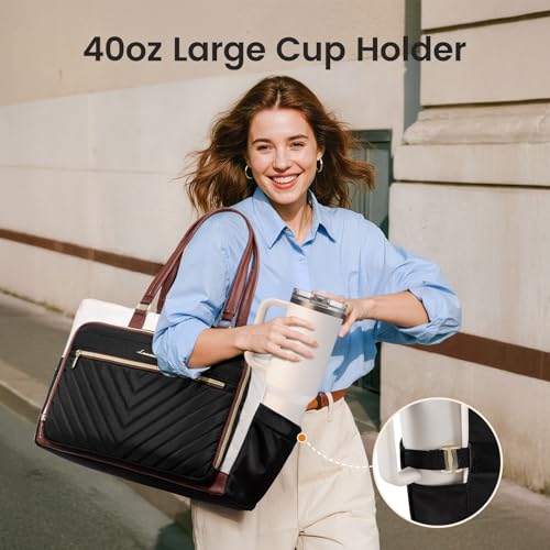 LOVEVOOK Teacher Tote Bag for Women, Work Bags Laptop Bag with Large Cup Holder, Quilted Nurse Bag Diaper Tote with Multi-Pockets, Large Computer Handbag Purse for Bussiness Travel, Office, College