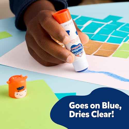 Elmer's BlooStick Buddies Glue Sticks, Disappearing Blue Glue Stick, Anti-Roll Cap, 6g, 48 Count, #1 Teacher Brand