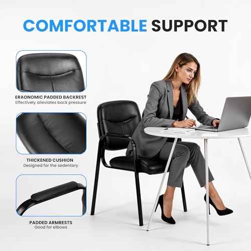 Simple Deluxe Leather Guest Chair with Padded Arm, Waiting Room Chairs Stationary Rest for Reception Area Conference Room Lobby Home Computer Desk Bedroom Elderly, 1 Pack