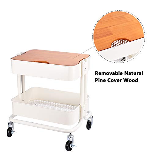 Melody House 2-Tier Metal Utility Rolling Cart Storage Side End Table with Cover Board for Office Home Kitchen Organization, Cream White