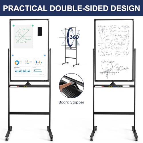 Tankee Black 24"x40" Adjustable Standing Whiteboard on Wheels - Double-Sided Dry Erase Board for Office & Classroom