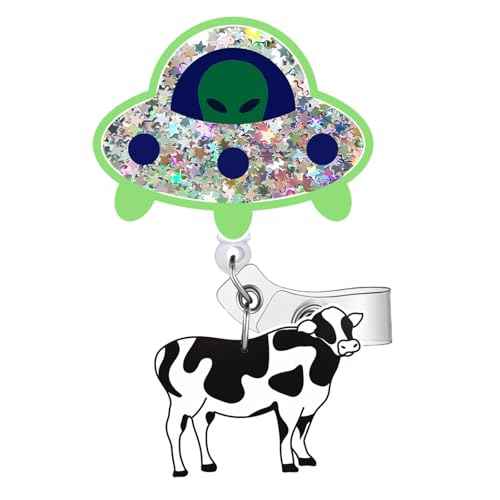 Cute UFO Cow Badge - Reel Holder Retractable ID Clip for Nurse Nursing Name Tag Card Funny Accessories with Alligator for Medical Assistant,Office,Student,Work,Hospital Durable Design