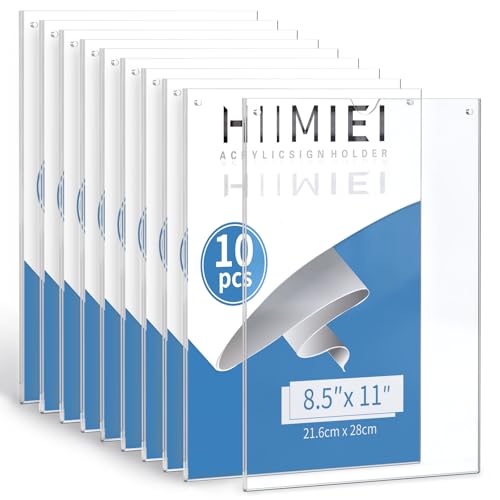 HIIMIEI Acrylic Sign Holder 8.5 x 11 Wall Mount with Paper Fixing Magnet and Double-Sided Tape, No Drilling Required (10 Pack) - Perfect for Office, Home, Store, and Restaurant