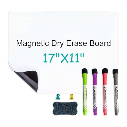 Magnetic Dry Erase Whiteboard Fridge White Board Sheet 17x11 with 4 Markers, 1 Magnetic Eraser and 2 Magnets, for Wall, Easy to Write and Clean Dry Erase Board for Kids, Office, Home