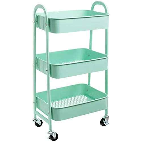 AGTEK Makeup Cart, Movable Rolling Organizer Cart, Macaron Blue 3 Tier Metal Utility Cart