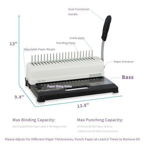 Binditek Binding Machine, 19-Hole, 450 Sheets, Comb Binder Machines with 100 PCS 1/2" Comb Spines, for Letter Size, A5 or Smaller Sizes