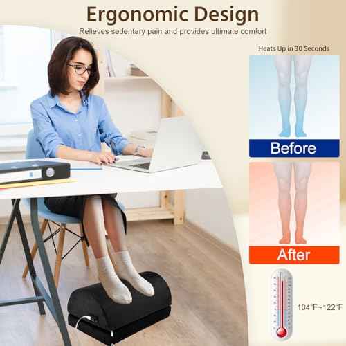 Heated Foot Rest for Under Desk at Work, Ergonomic Footrest Warmer for Office, Foot Warmers for Feet with Double Layer Adjustable Height and Washable Cover, Detachable Heating Design