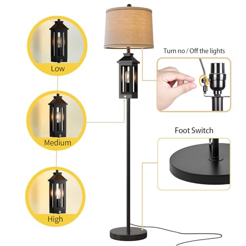 63" Floor Lamps for Living Room Bedside Nightstand Lamp All Black Tall Standing Lamp for Home Decor Bedroom Reading Lamp Farmhouse Rustic Bed Lights with 2 Light Sources (2 Bulbs)