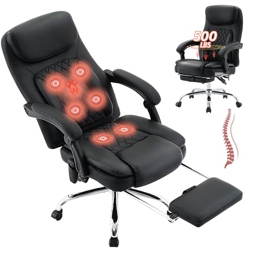 BIGGARSIT Black 500Lbs Ergonomic Massage Office Chair with 6-Point Vibration & Heat — Reclining, Big & Tall PU Leather