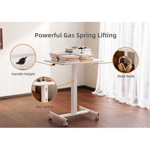 Claiks Mobile Standing Desk, Small Rolling Workstation With Wheels, Pneumatic Laptop Desk for Home Office With Hook, White