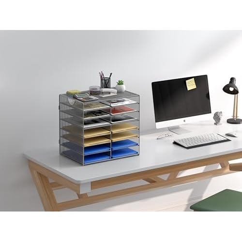 EasyPAG Paper Trays for Classroom 14 Tier Mesh Desk Organizer Shelves with Handle A4/Letter Size File Folder Organizer Shelf for Office, School, Home, Silver