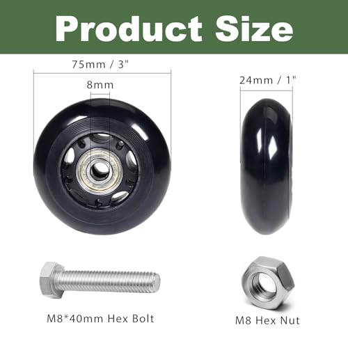 3in PU Caster Wheels for Chairs & Carts – 75mm Diameter, 24mm Wide, M8 Shaft – 4 Pack (Juvielich 3 in)