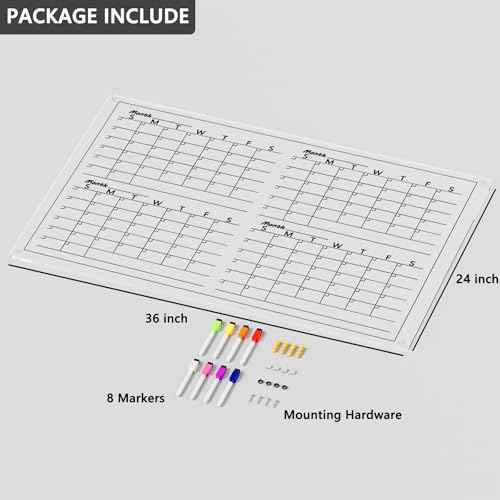 Acrylic 4 Monthly Calendar Whiteboard for Wall, 36"x24" Clear Planner Dry Erase White Board for List, Kitchen, Planning, Memo, Office
