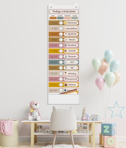 White 15+1 Pockets Daily Schedule Pocket Chart with 24 Double-Sided Cards - Boho Classroom Organizer for Teachers