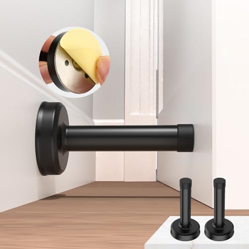 Profasion 2 Pack Door Stopper with Rubber Tip, No-Drill Wall Protection, Stainless Steel, Black