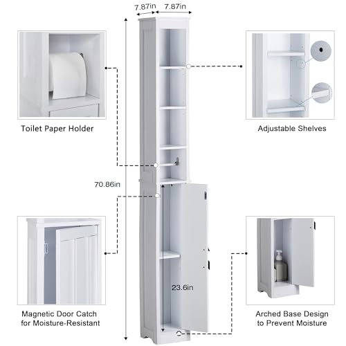 VECELO 71" Tall Bathroom Storage Cabinet, Narrow Storage Cabinet with Adjustable Shelves, Toilet Paper Rod and Magnetic Door, Freestanding Slim Bathroom Storage Cabinets for Small Space, White