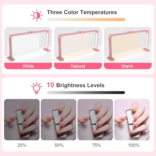 34in Half Moon Light for Nail Desk, Foldable LED Lamp for Nail Art, Tattooing, Craft Making, Stepless Dimming, 3000-6000K Color Temperature Adjustment, 456 Light Beads, Pink with Diamond