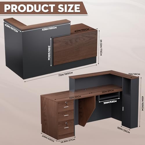 Yorkgargen Walnut & Gray L-Shaped Reception Desk 71" with Lockable Drawers & Storage