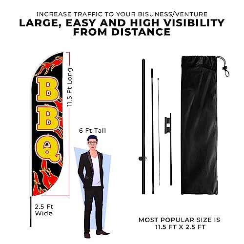 Bbq 1 Feather Flag(11.5feetX2.5feet) by DreamController | Outdoor Business Advertising Tall Flag | Weather-Resistant Knitted Swooper Flag | Made in USA | HD Print (Flag Only)