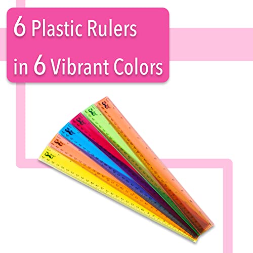 12 Inch Plastic Rulers Pack of 6 Assorted Colors - Office & Craft Measuring Tools