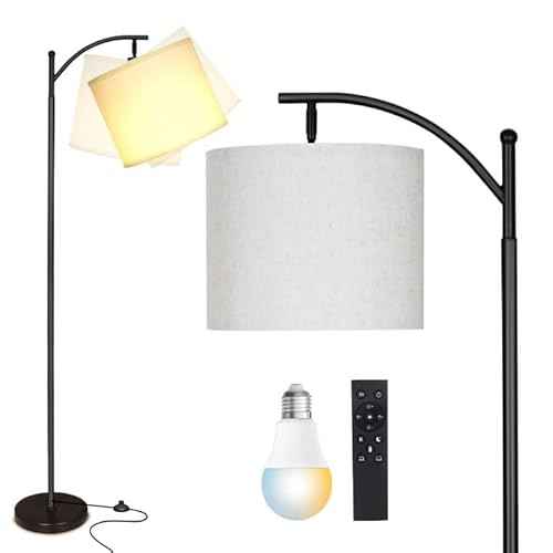 LED Floor Lamps for Living Room, 12W Modern Arc Floor Lamp with Remote & Adjustable Linen Lampshade, Stepless Dimmable Tall Standing Lamp for Bedroom Office Reading (White Shade)