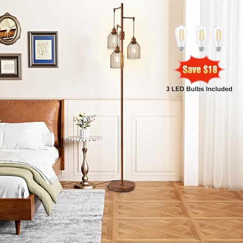 Dimmable Floor Lamp for Living Room, Farmhouse Floor Lamps with Elegant Hanging Cage, 3 x LED Edison Bulbs Included, 68.5" Industrial Standing Light for Bedroom Office Home Decor (Wood)