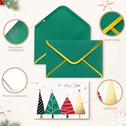 Christmas Cards with Envelopes (Foiled, Red & Green), 24 Gold Foil Holiday Cards Boxed with Non-religious Messages inside, Xmas Card Bulk for Coworkers, Family, Friends, Kids, 6"¡¿4" Folded