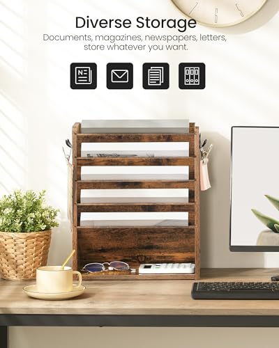 Rustic Brown 6-Tier Wall File Organizer with Side Hooks - Vintage Desk Storage