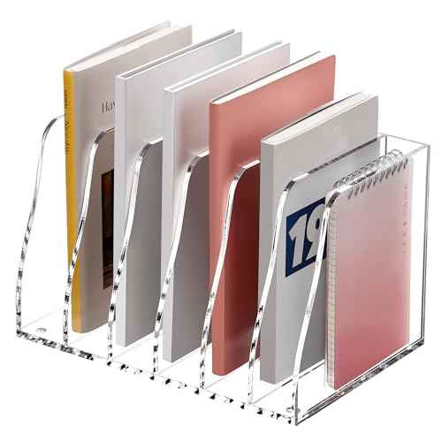 SANRUI Acrylic File Organizer, Compact Desk Organizer for Folders, Binders, Notebooks, Envelopes, Vertical Binder Storage Organizer, 6 Section Bookshelf for School Home Office Organization