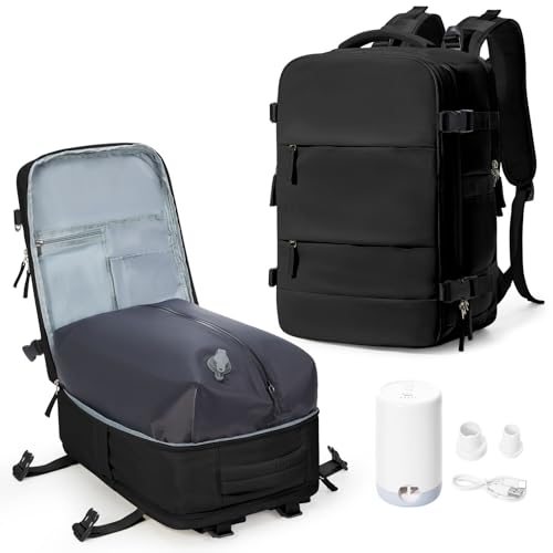 Vacuum Backpack Travel with Pump for Women Men Large Carry on Backpack Flight Approved Personal item Travel Bag with Vacuum System Black