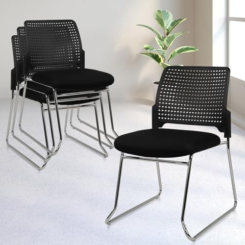CLATINA 4-Pack Black Stackable Armless Reception Chairs with Padded Seats, Sled Base, No Wheels