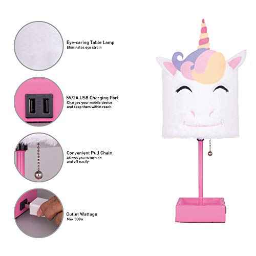 Table Lamp Cute Unicorn Plush Shade Desk Lights for Gifts with 2 USB Charging Ports and 1 Power Outlet for Bedroom Reading & Living Room